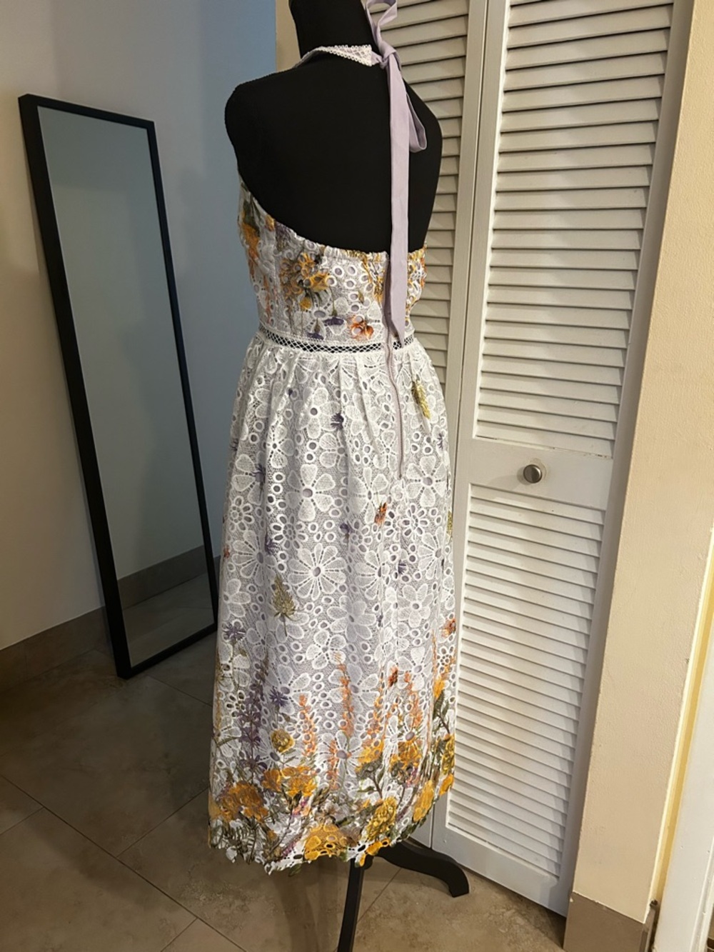White Lace Floral Halter Midi Dress with Yellow & Purple Flowers - Picture 3 of 4